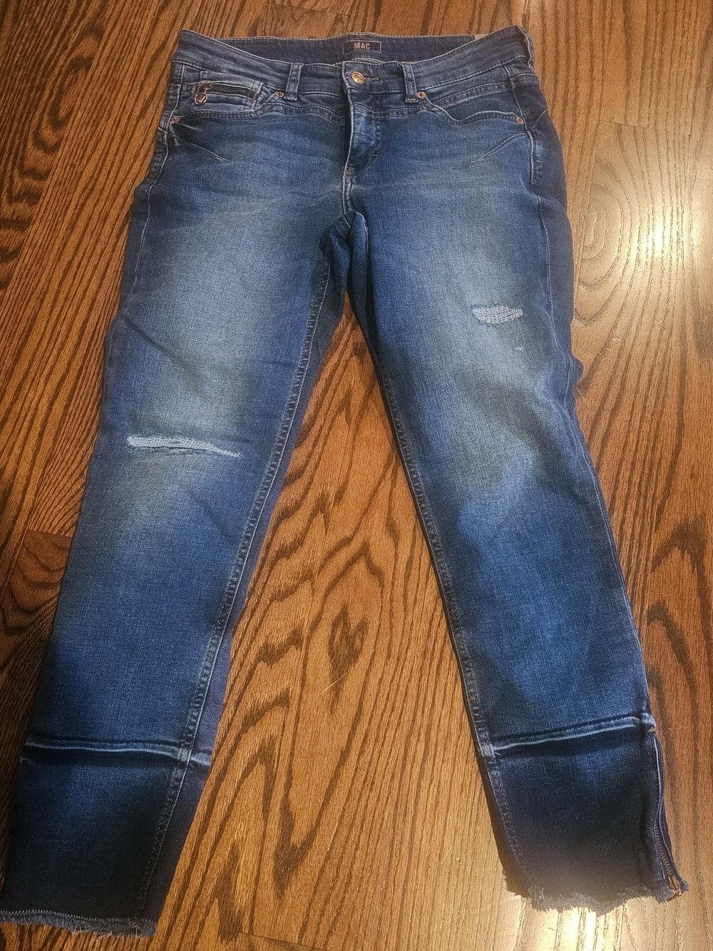 MAC Women's Dark Blue Cropped Distressed Ankle Jeans